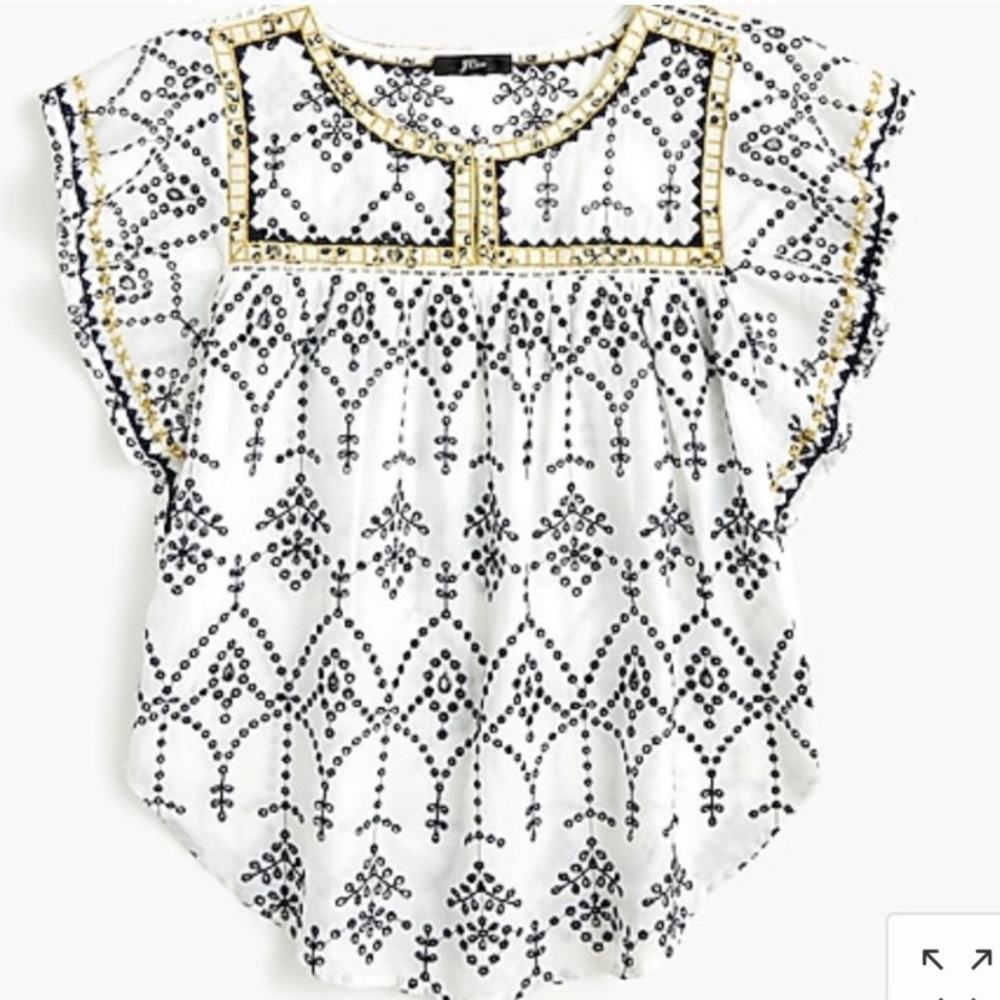 J Crew embroidered shirt with flutter sleeve